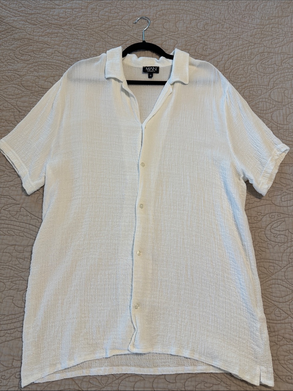 White Textured Short Sleeve Button Shirt Beach Vacation Poolside Summer Top